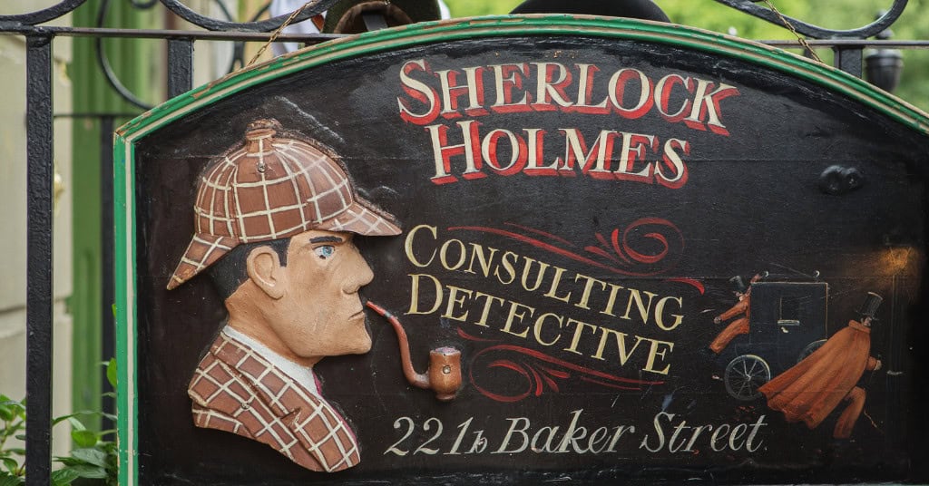 sherlock holmes detective agency sign depicting a post about mystery books