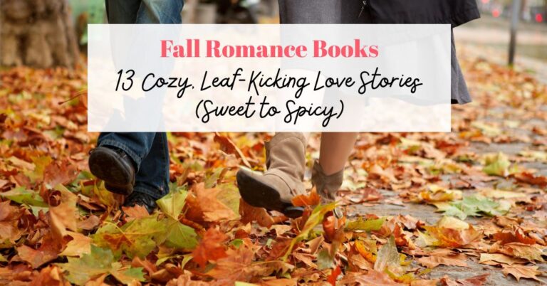people walking through fall leaves for fall romance books post