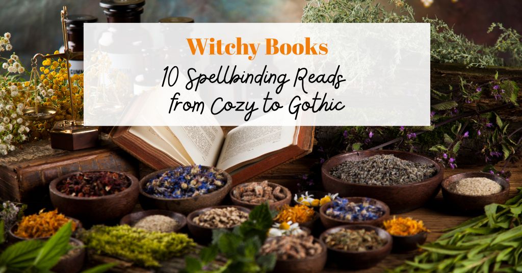spellbook and assorted plants for witchy book post